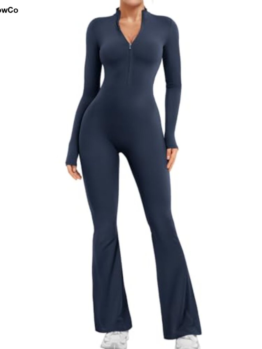 Women Long Sleeve Flare Workout Jumpsuit Zip Up Wide Leg Bodysuit